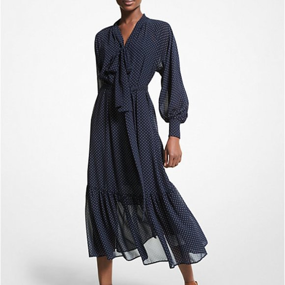 MICHAEL Michael Kors Dresses & Skirts - SOLD Michael Kors Womens Dress Large Polka Dot Georgette Tie-Neck Navy Poet Slv